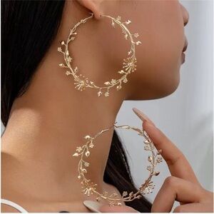 NEW Bronwen 18K Gold Plated Flowering Branch Large Hoop Earrings